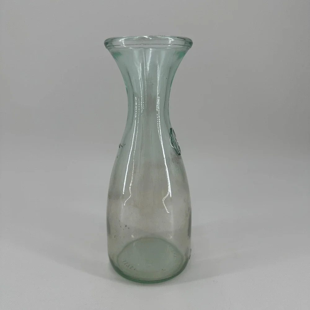 Vintage Italy Pale Green Glass Carafe with Embossed Medallion Mid-Century 8.5